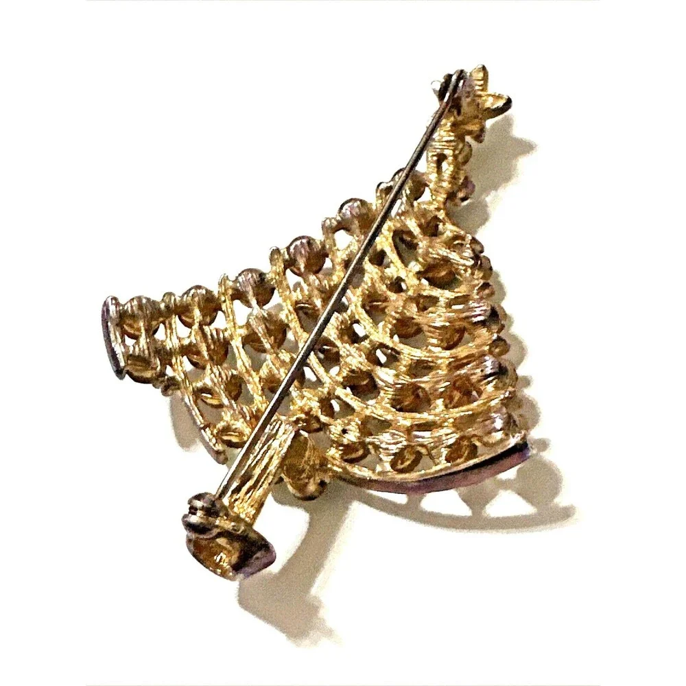 Vintage Christmas Tree Brooch Red Green Clear Rhinestones Gold Tone Mid Century